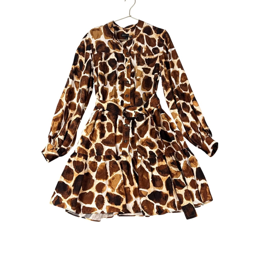 Banana Republic Giraffe Print Belted Mini Shirt Dress Brown Tan Womens Small 703